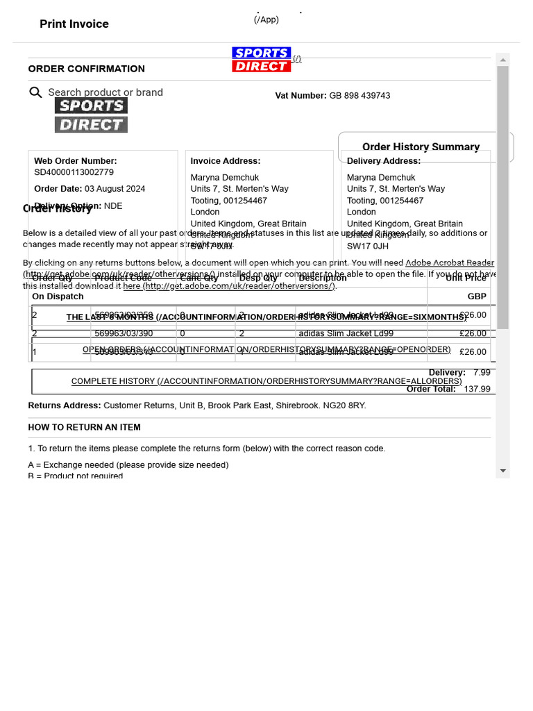 Sports Direct Order Confirmation Details | PDF