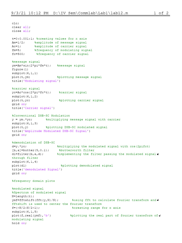 DSB-SC Modulation and Demodulation Analysis | PDF