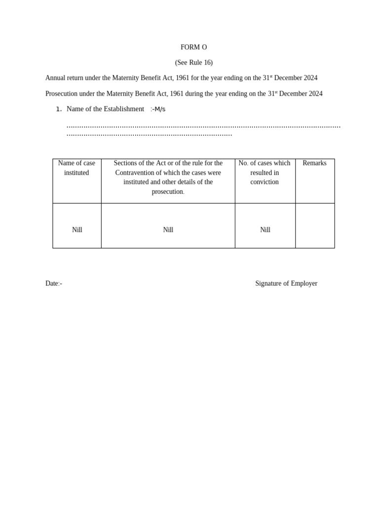 Annual Return Form O for Maternity Act | PDF