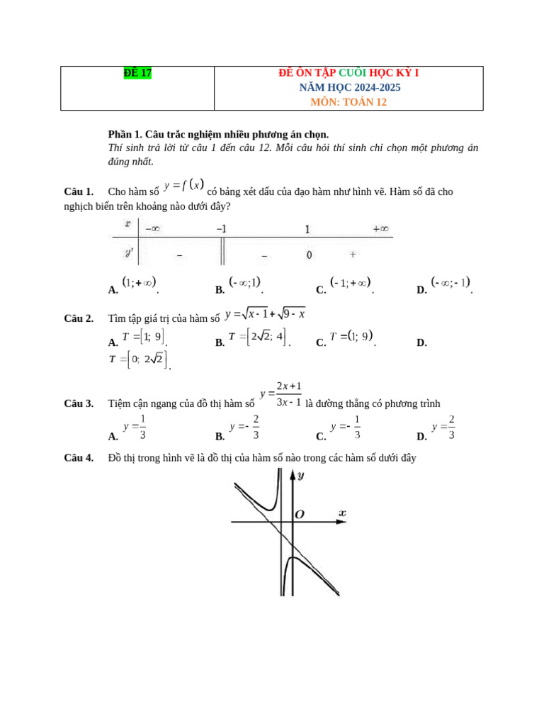 toán 12 đề 17 đáp án | PDF