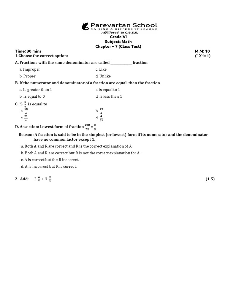 Grade VI Math Test: Fractions & Distances | PDF | Elementary ...
