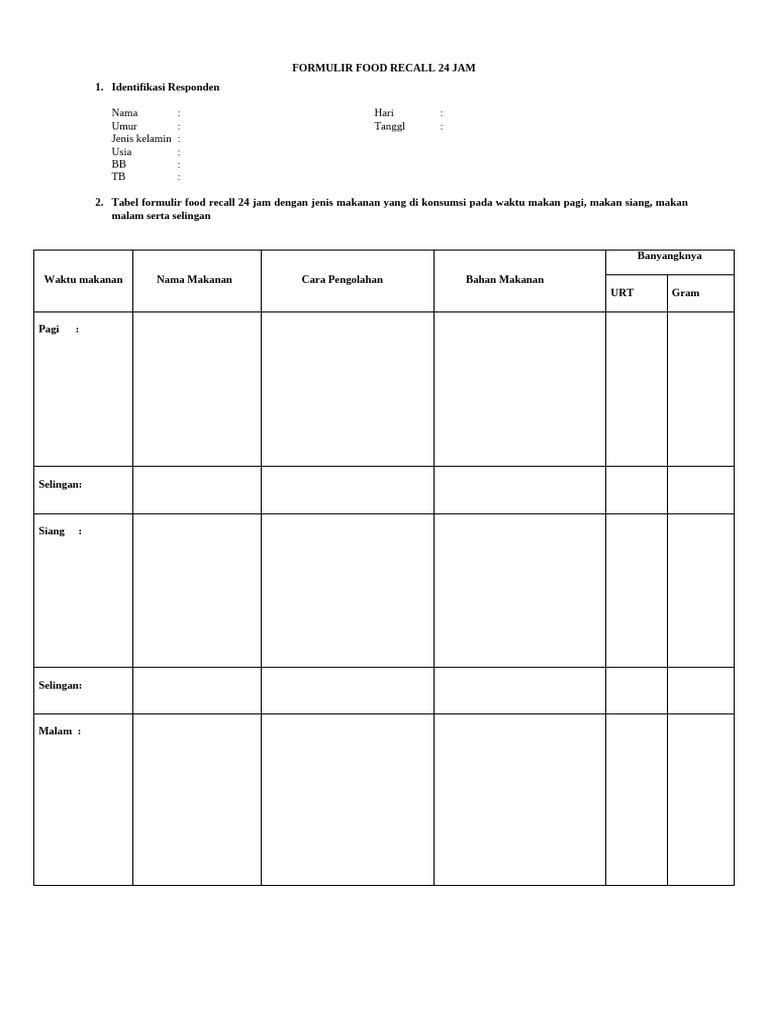 Formulir Recall Makanan 24 Jam | PDF