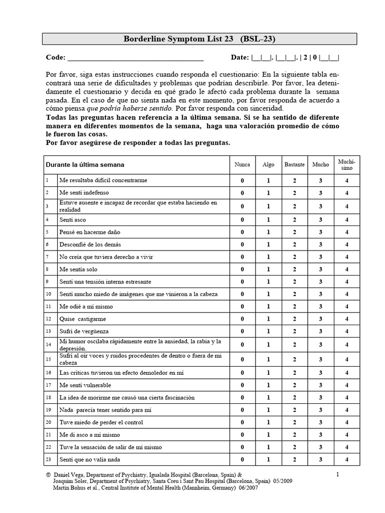 Cuestionario BSL-23 de Síntomas Borderline | PDF | Ciencias del ...