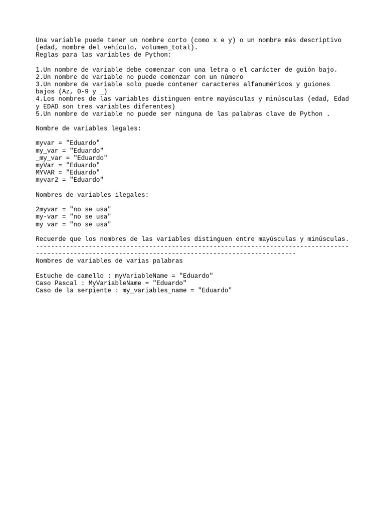 Nombres de Variables Legales e Ilegales en Python | PDF