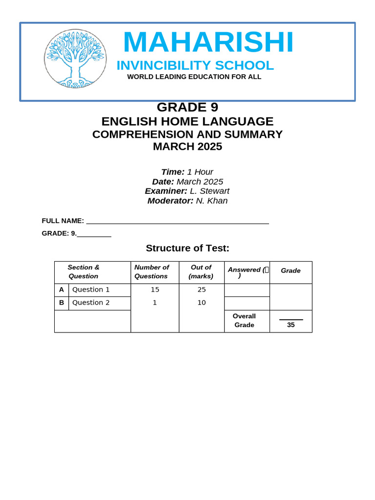 Grade 9 English Comprehension Exam 2025 | PDF | Poaching | Crime & Violence