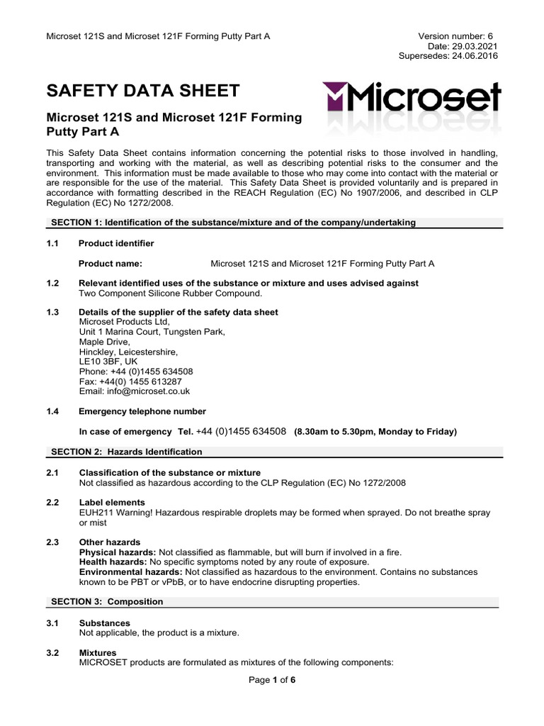 Microset 121S & 121F Putty Safety Data | PDF | Personal Protective ...