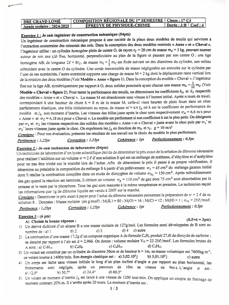DST 1er Semestre - PC 1ere c4 | PDF