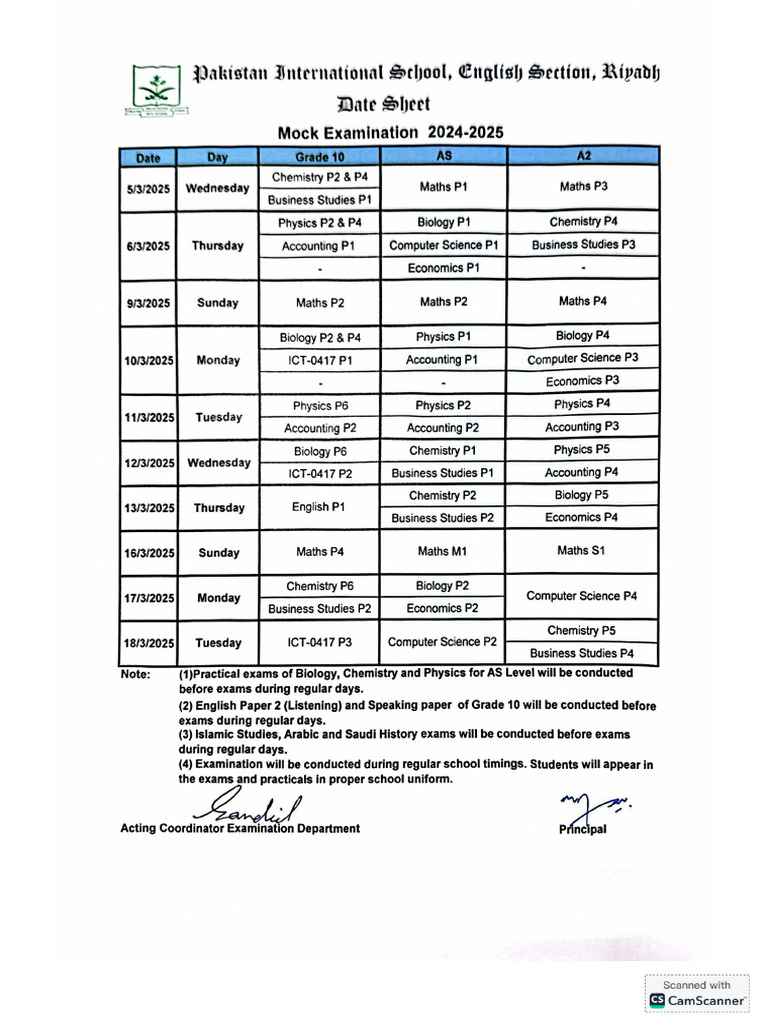 Date Sheet Mock Exam March 2025 | PDF