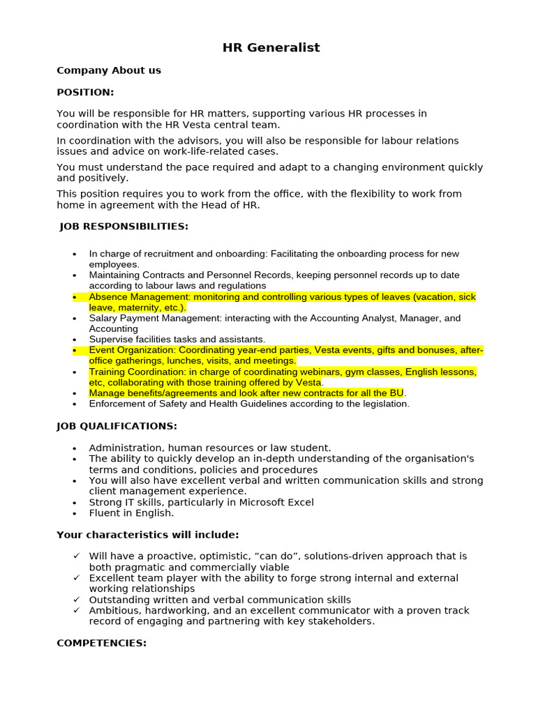 HR Generalist Job Description and Duties | PDF