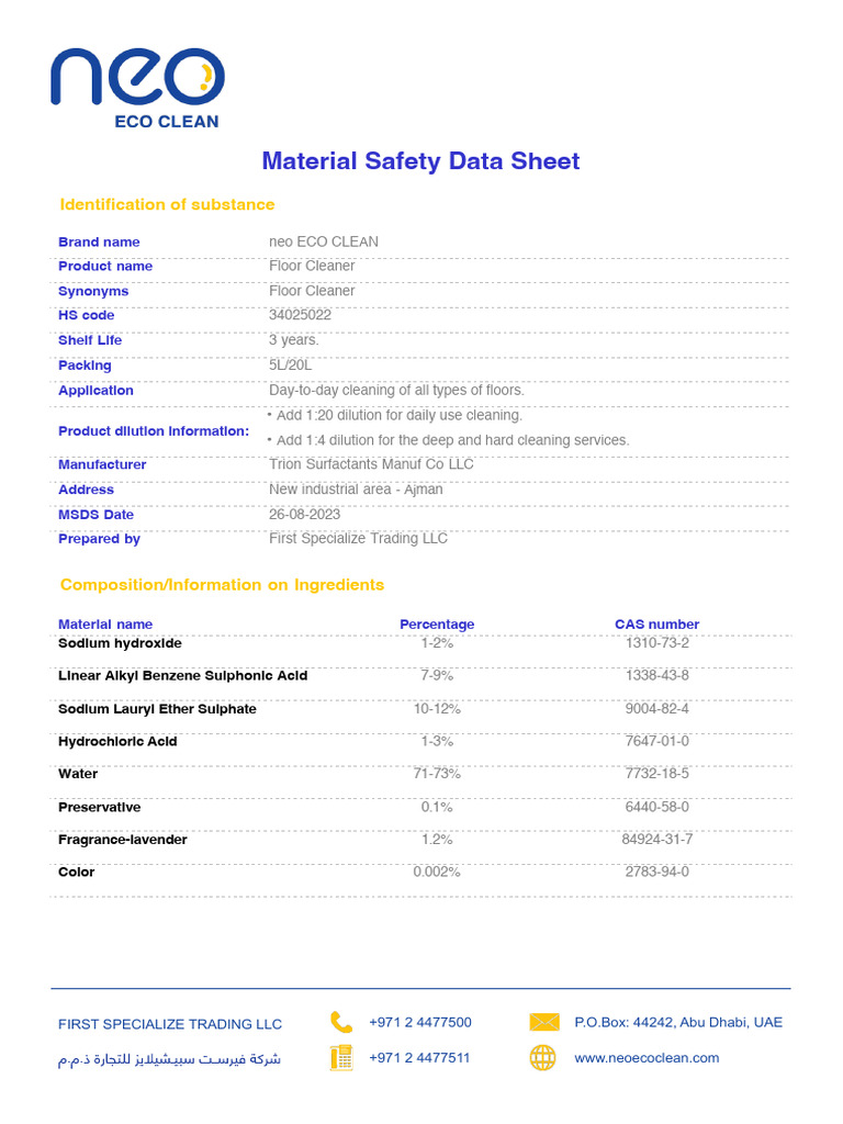 Neo Eco Clean Floor Cleaner MSDS | PDF | Dangerous Goods | Occupational ...