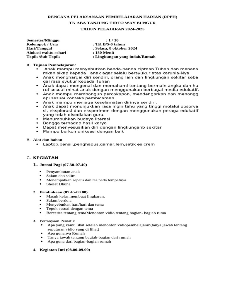 RPPH TK B: Lingkungan dan Rumah 2024 | PDF