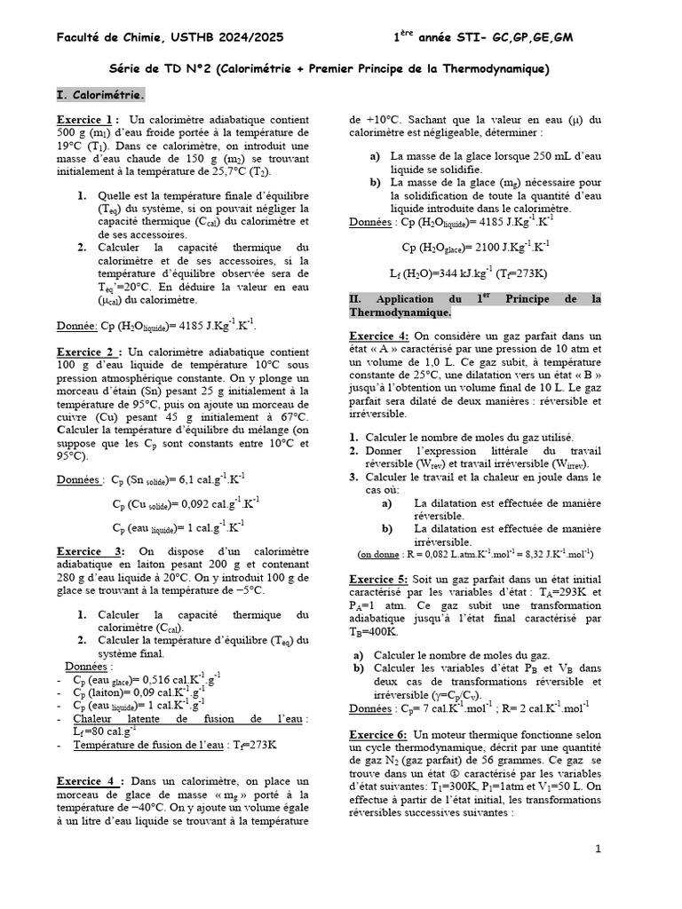 Calorimétrie et Thermodynamique : TD 2 | PDF | Chaleur | Enthalpie