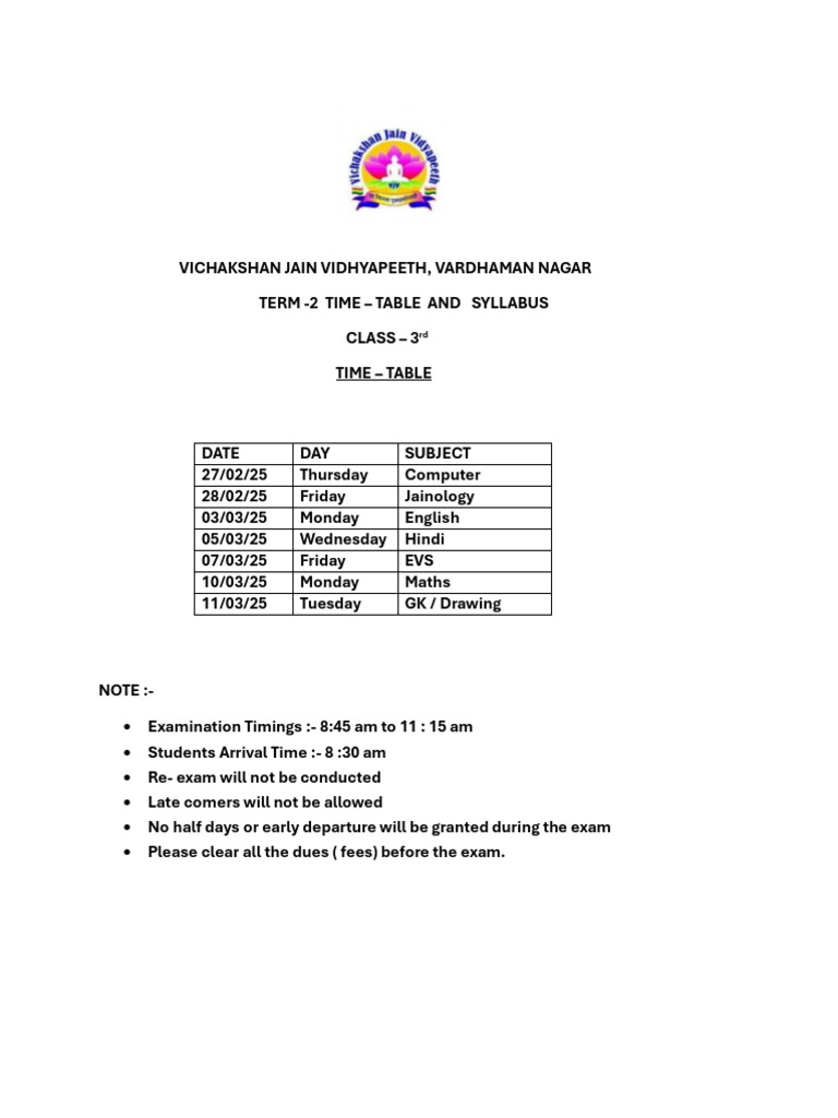 Class 3 Term 2 Exam Schedule & Syllabus | PDF | English Language ...