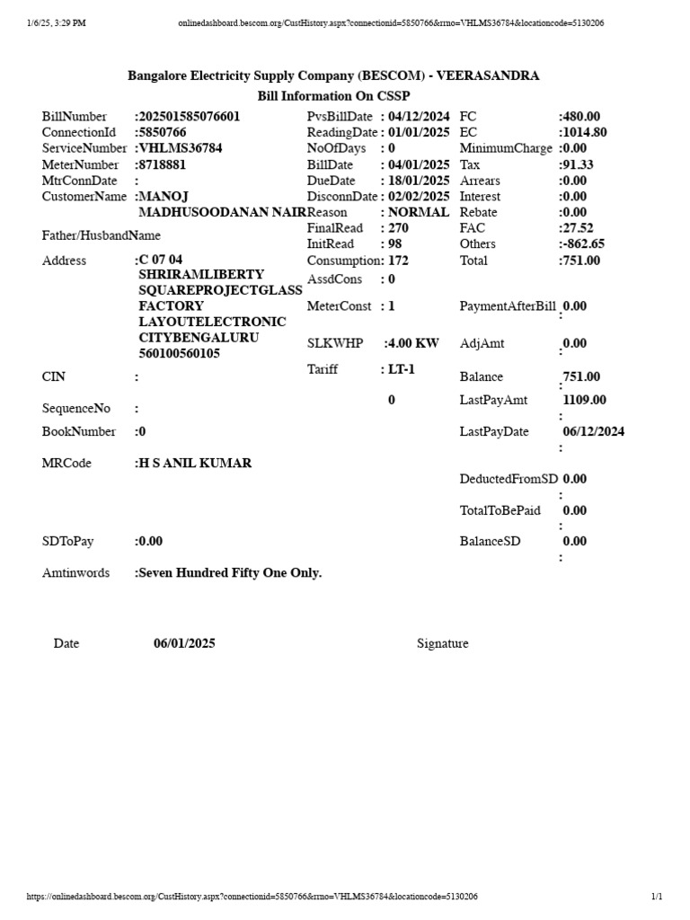 BESCOM Bill Details for Veerasandra | PDF