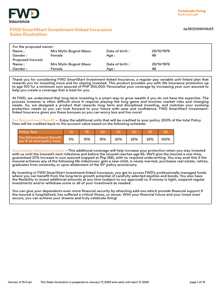 FWD SmartStart Investment-Linked Insurance SI 01-17-2025-11-40-37 | PDF ...