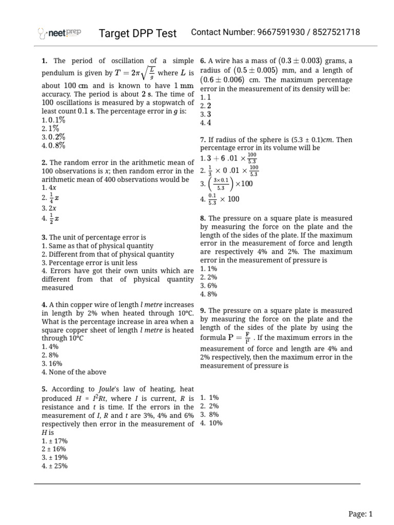 NEET Physics Error Analysis Questions | PDF | Observational Error ...