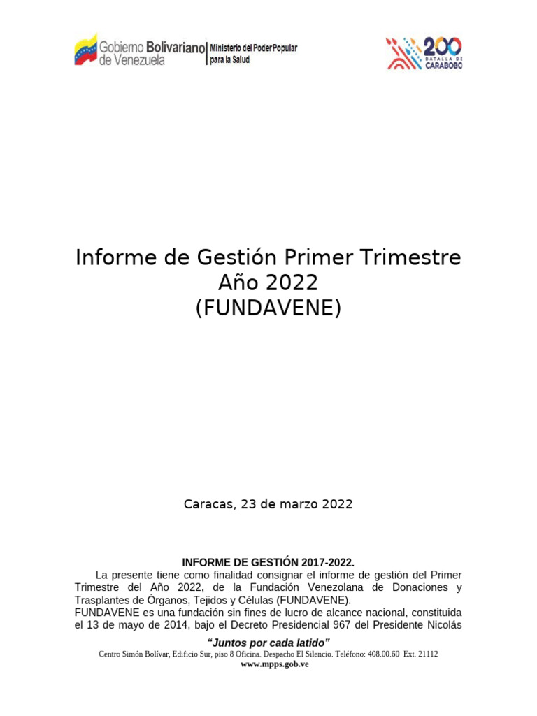 Informe de Gestion I Trimestre 2022 | PDF | Transplante de organo ...