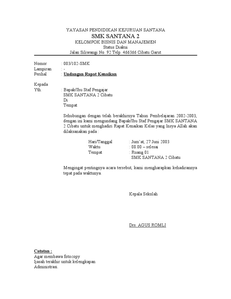 Contoh Surat Undangan Rapat Komite Sekolah Untuk Wali Murid