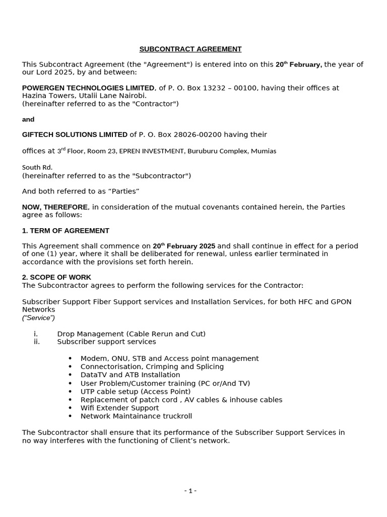 Giftech Solutions Subcontract Agreement | PDF | Service Industries ...