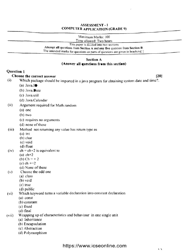 Icse Class 9 Assessment 1 Computer Application 300924 2024 (Online) | PDF