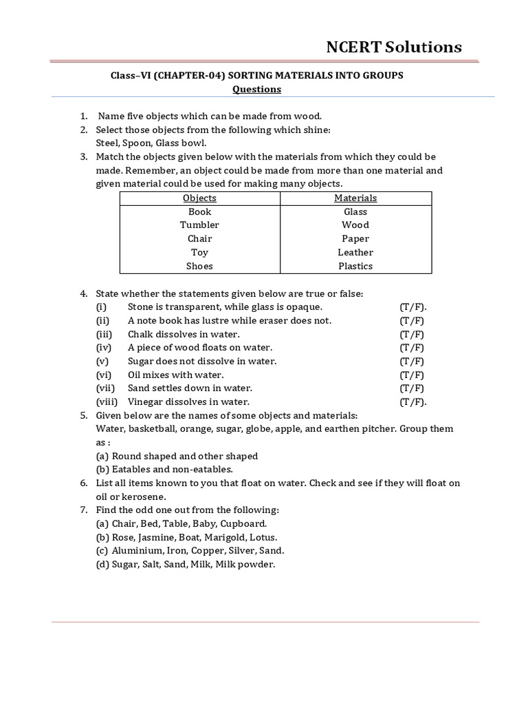 Class 6 Sorting Materials Q&A | PDF | Spoon | Materials