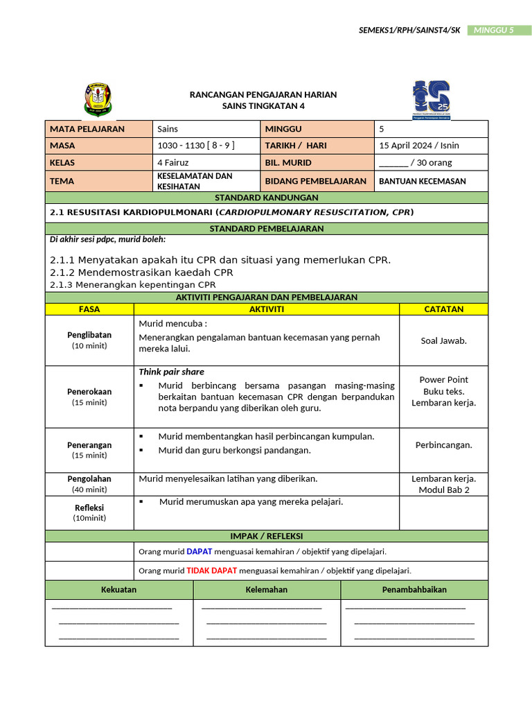 RPH Sains Tingkatan 4: CPR & Heimlich | PDF