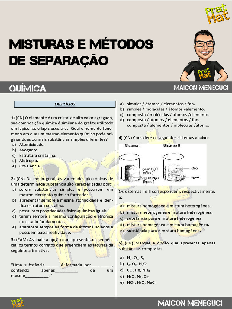 Exercícios sobre Misturas e Separação Química | PDF | Mistura ...