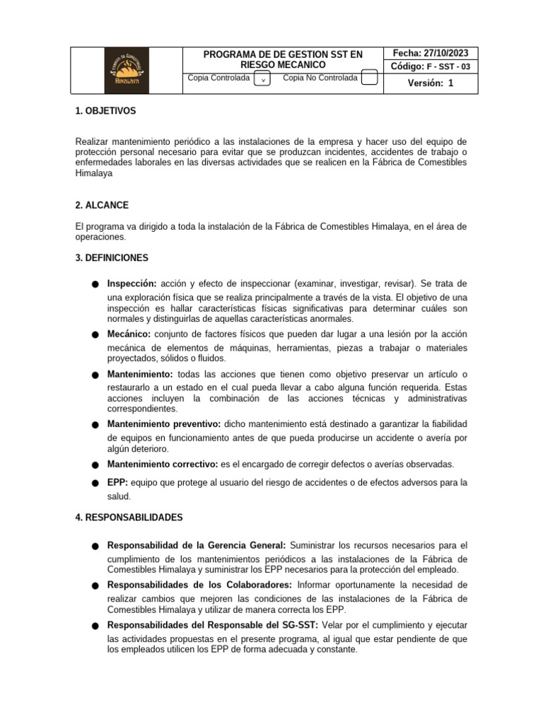 Programa De Gestión Sst Riesgo Mecánico Pdf Ingeniería De 