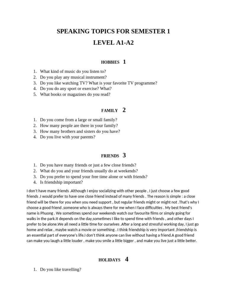 A1-A2 Speaking Topics Guide | PDF