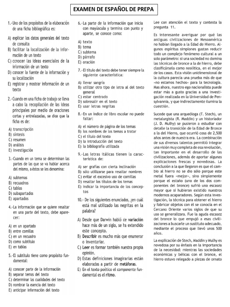 Examen de Español Prepa | PDF