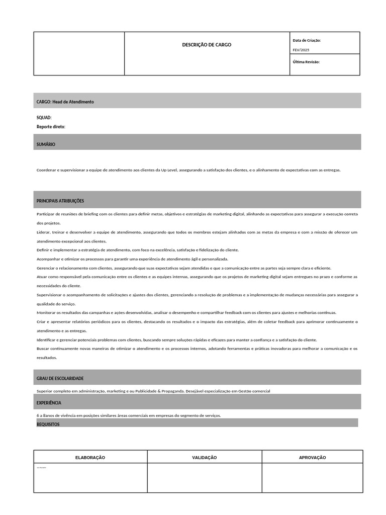 Descrição do Cargo: Head de Atendimento | PDF | Marketing | Comunicação