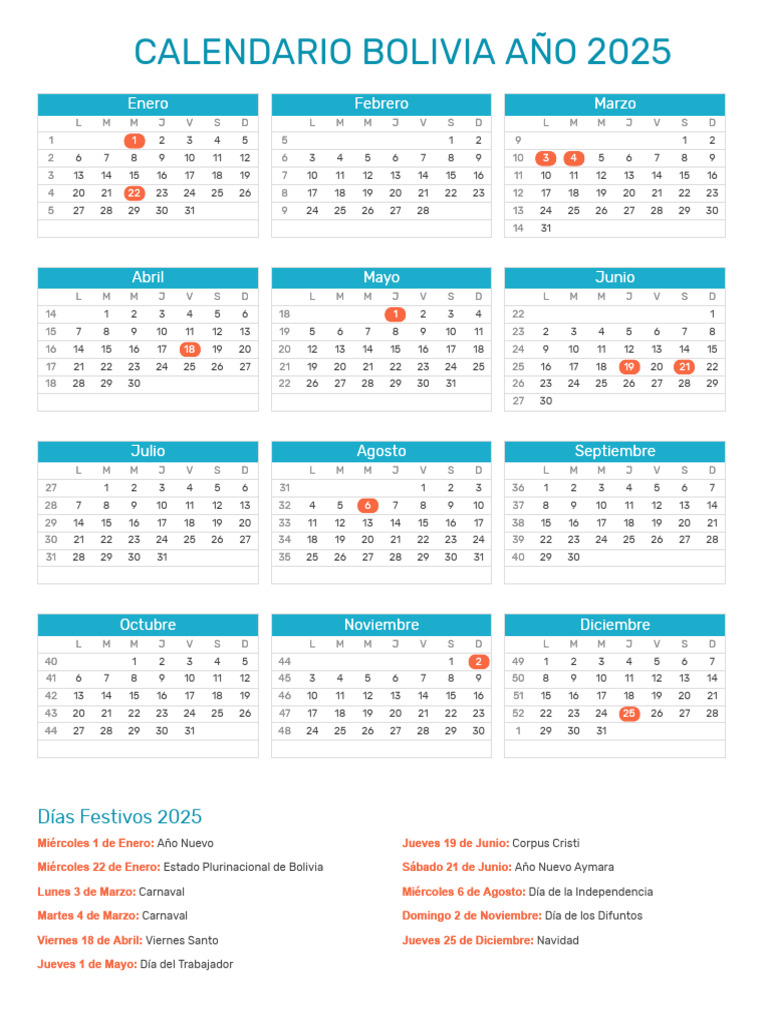 Calendario 2025 con Feriados Bolivia | PDF