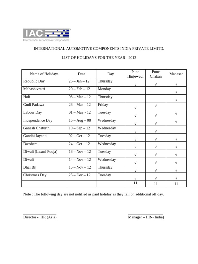 2012 Holiday List for IAC India | PDF | Holidays | Observances