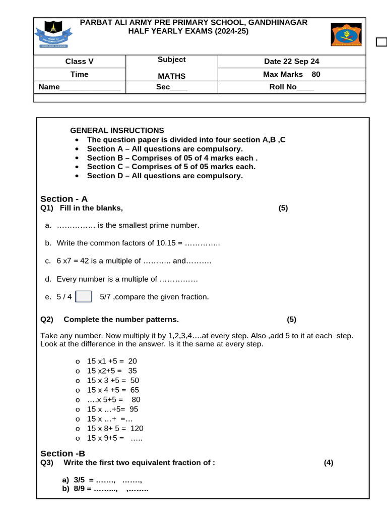 Class 5 Half Yearly Maths Exam 2024-25 | PDF | Numbers | Arithmetic
