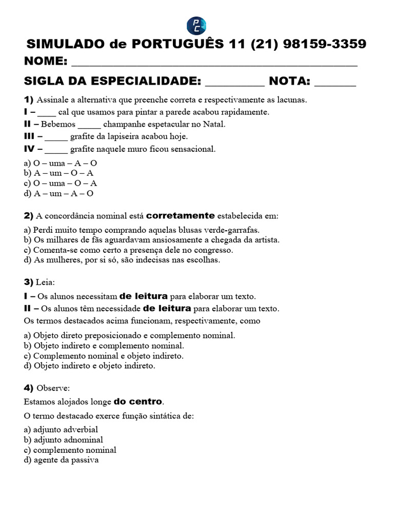 Simulado de Português para 11º Ano | PDF | Gramática | Linguística