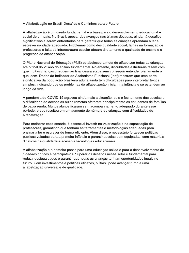Desafios da Alfabetização no Brasil | PDF