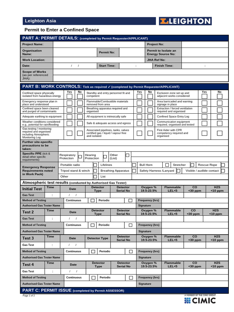 Permit To Enter A Confined Space | PDF | Occupational Safety And Health ...