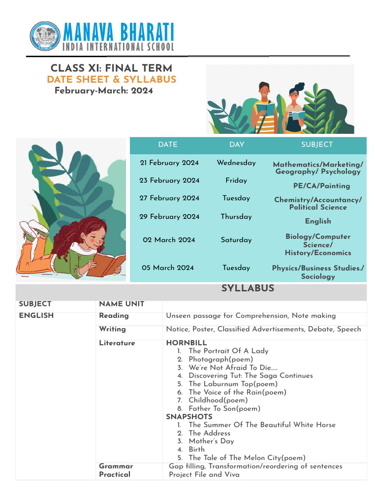 Class XI Final Term Date Sheet & Syllabus | PDF | Chemistry | Leaf