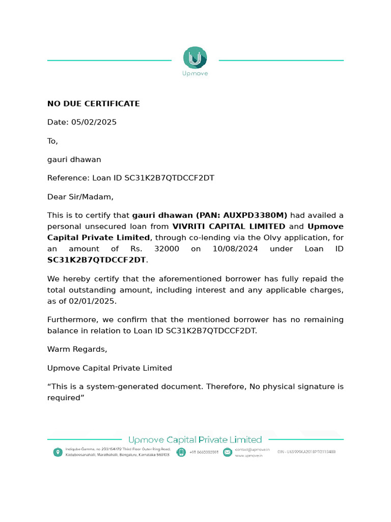 No Due Certificate for Loan SC31K2B7QTDCCF2DT | PDF
