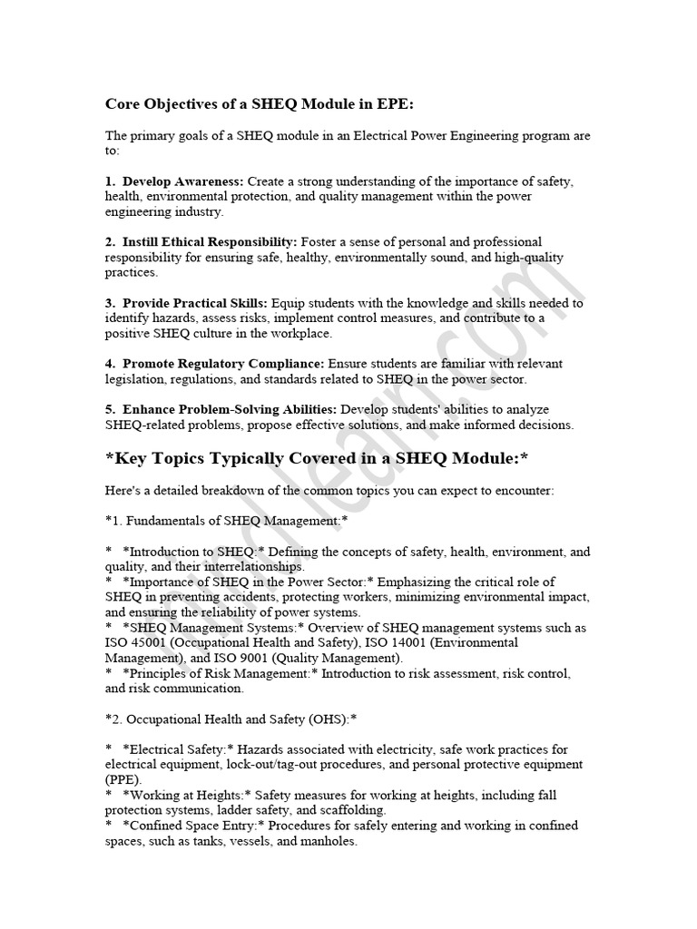 Core Objectives of A SHEQ Module in EPE | PDF | Occupational Safety And ...