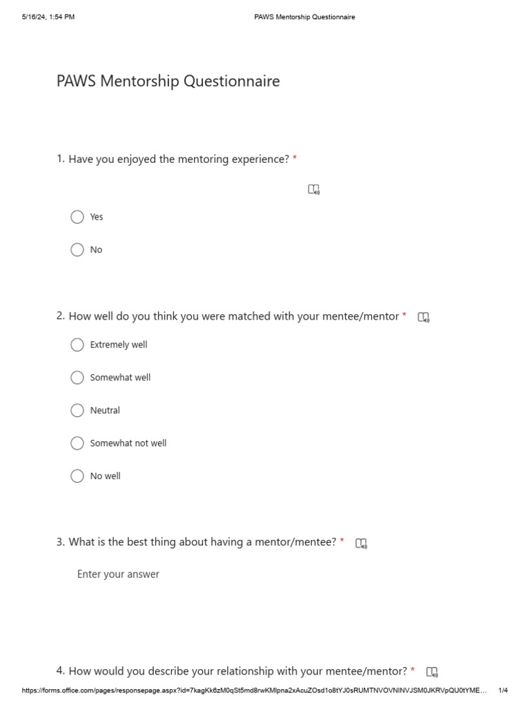 PAWS Mentorship Questionnaire | PDF | Mentorship | Learning Methods