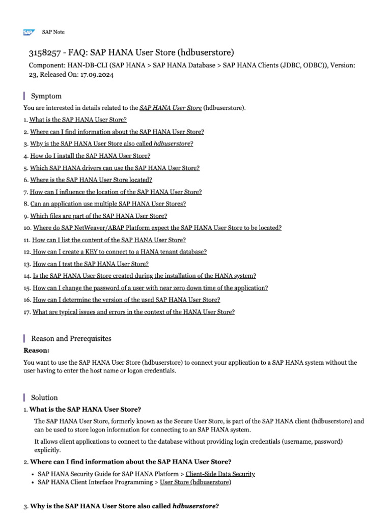 FAQ SAP HANA User Store (Hdbuserstore) | PDF