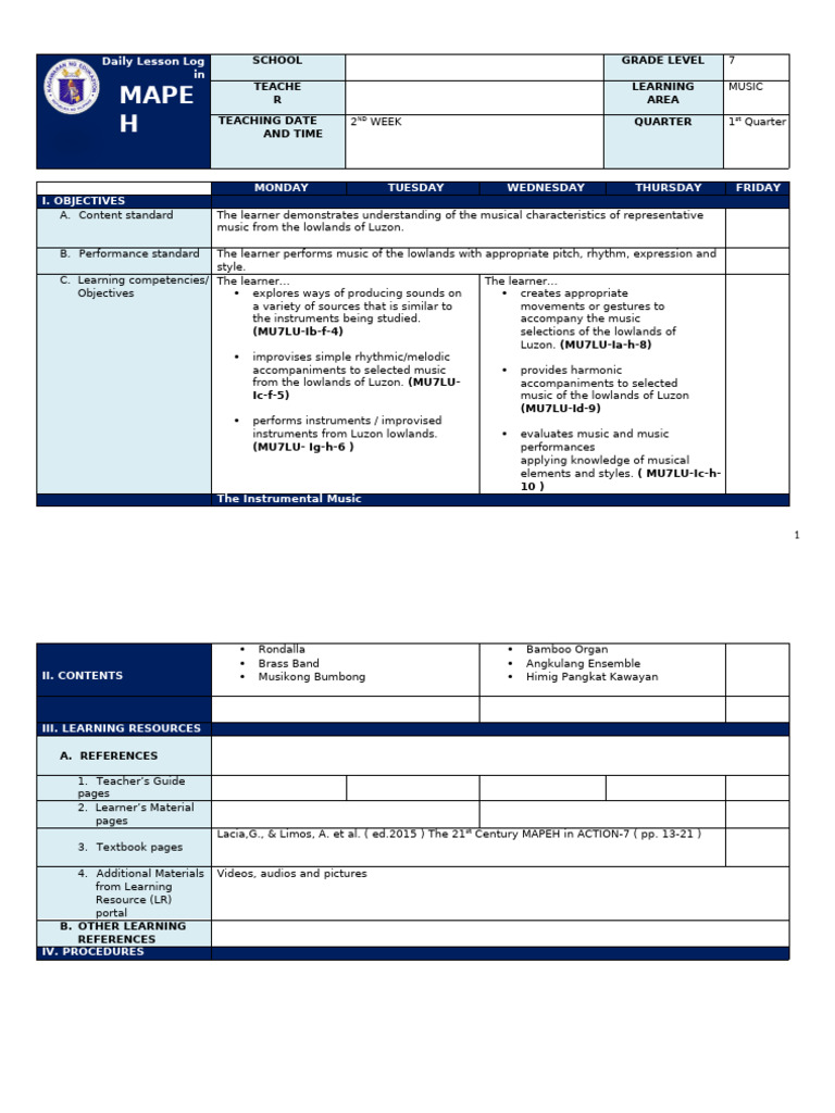 MAPEH Music Lesson Plan for Grade 7 | PDF | Musical Instruments ...