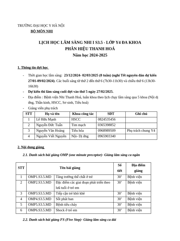 1.3. Lich Học Ls Nhi y4đk Phth - 2024-2025 | PDF