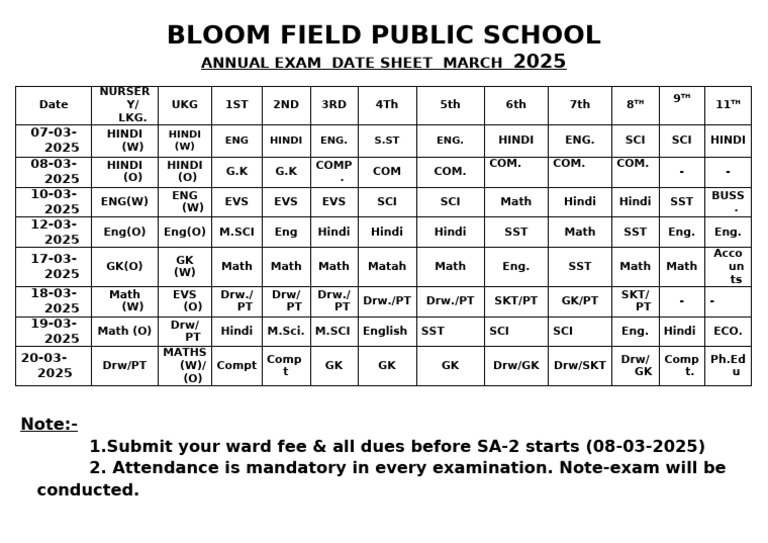 Bloom Field School March 2025 Exam Schedule | PDF