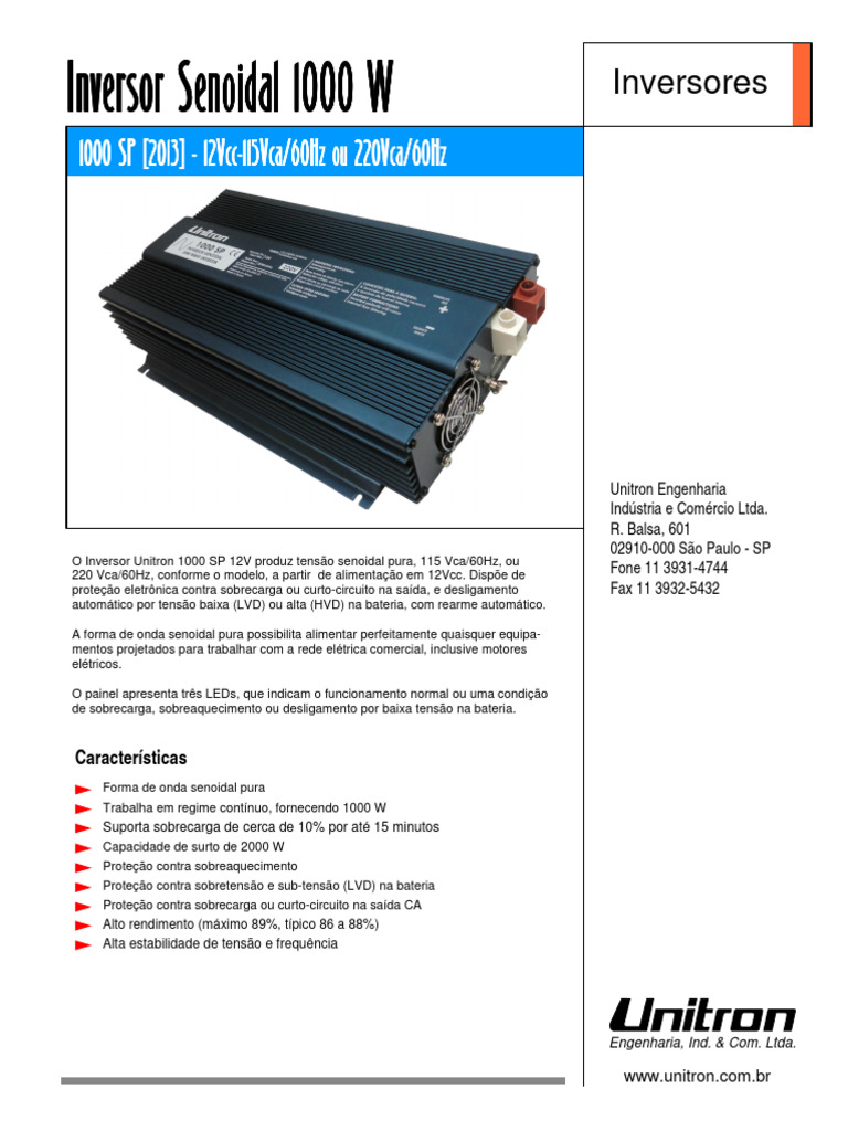 Inversor Unitron 1000 SP: Proteções e Especificações | PDF | Corrente ...