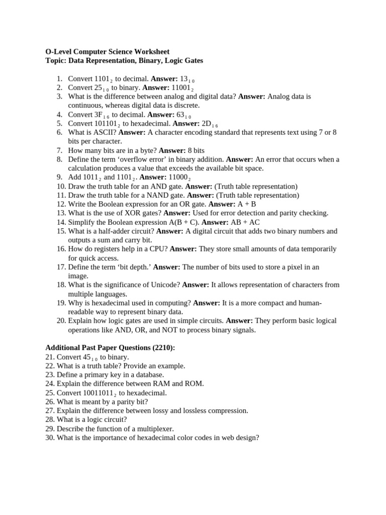OLevel Computer Science Worksheet PDF