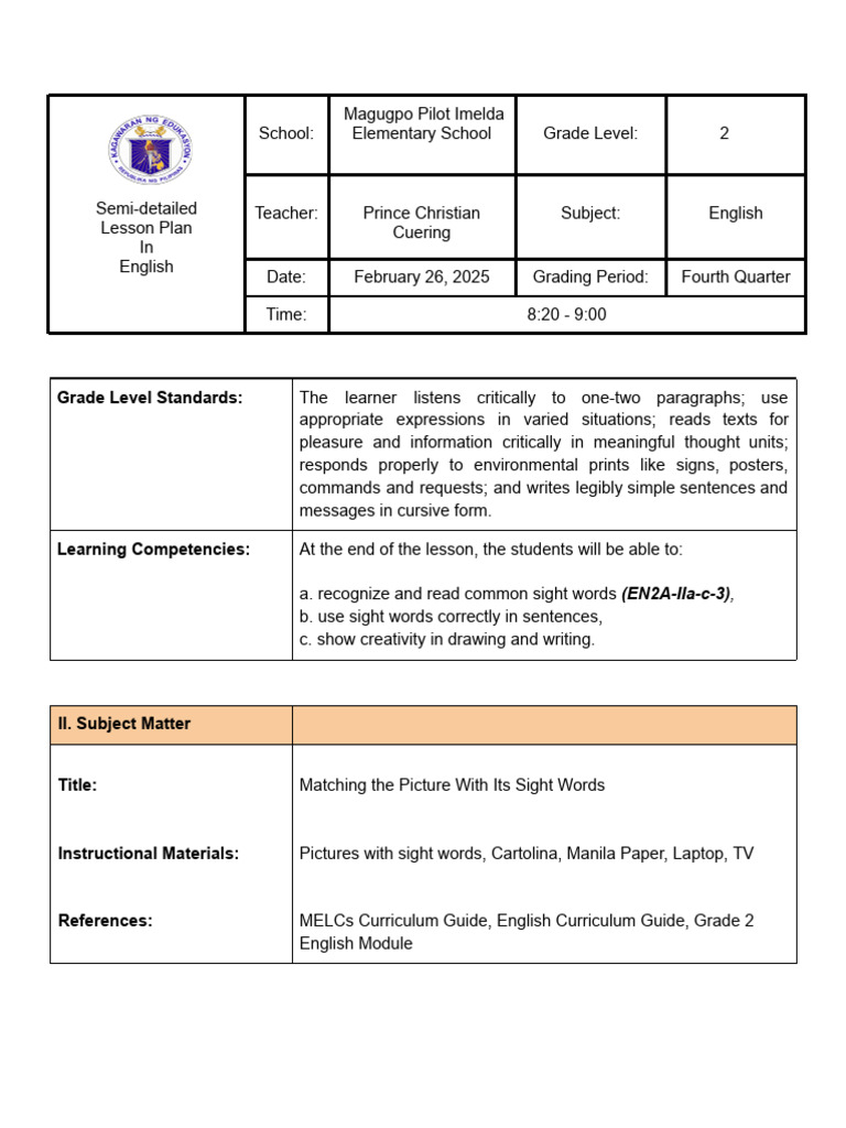 Grade 2 English Lesson Plan: Sight Words | PDF | Lesson Plan | Learning
