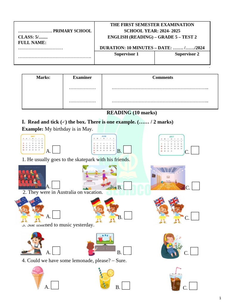 Grade 5 English Reading Exam 2024 | PDF | Foods | Cuisine