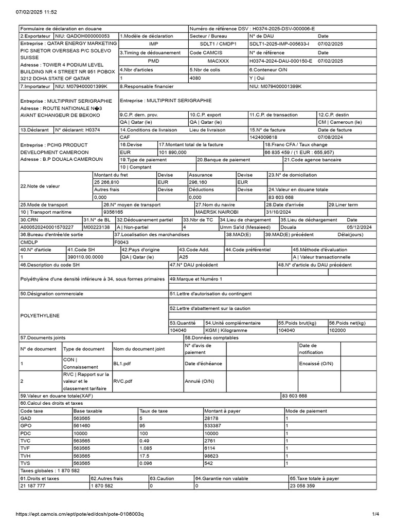 Déclaration Douanière Importation Polyéthylène | PDF